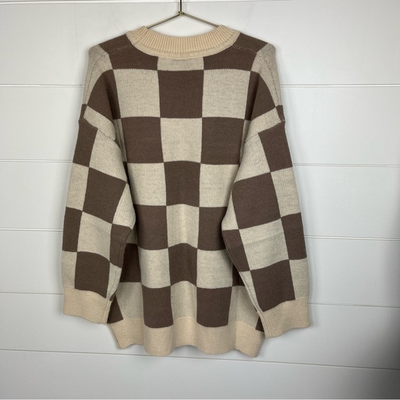 Miou Muse Brown and Cream Oversized Checkerboard Sweater NWT - Picture 2 of 9